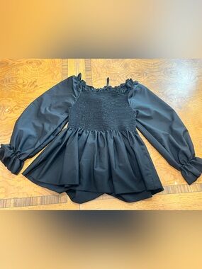 SHEIN Black Smocked Square-Neck Puff Sleeve Top
